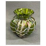 Iridescent Green Art Glass Vase w/ Applied Thread
