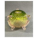 Green Art Glass Bowl with Pink Applied Feet
