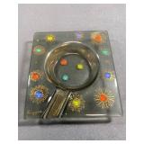 Higgins Signed Art Glass Ashtray w/ Enamel Accents
