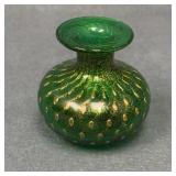 Tiny Murano Green and Gold Glass Bud Vase