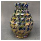 Vintage Blue Iridescent Splatter Glass Vase 6.5"