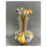 Hand-Blown Art Glass Ruffled Vase Multicolor