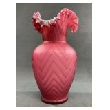 Pink Satin Chevron Glass Vase Attributed to Mt. WA