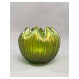 Bohemian Iridescent Green Ribbed Art Nouveau Vase