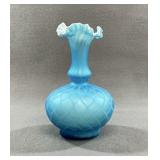 Blue Diamond Quilted Satin Glass Ruffled Vase 7"