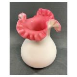 Pink and White Cased Glass Ruffled Vase