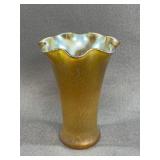 Gold Iridescent Art Glass Vase with Ruffled Rim