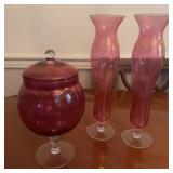 Rose Red Glass Vases and Candy Dish Set