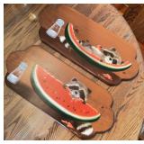 Pair Hand Painted Raccoon Watermelon Wood Plaques