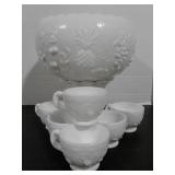 Milk Glass Punch Bowl & Cups