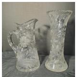 Vintage Cut Crystal Glass Vase & Pitcher