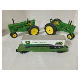 Two Die-Cast John Deere Tractors & Train Car