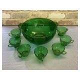 VINTAGE FOREST GREEN 10 PC PUNCH BOWL SET