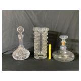 BOX LOT: 3 PCS CLEAR GLASS - 1 VASE, 2 DECANTERS
