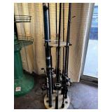 FISHING POLE RACK WITH 7 RODS & REELS &
