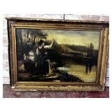ANTIQUE FRENCH SCENE, PAINTED ON CANVAS, "HAILING