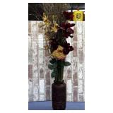 FAUX FLOWERS & BRANCHES IN CARVED POTTERY