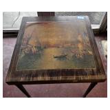 ANTIQUE WOODEN FOLDING CARD TABLE W/ SHIP SCENE