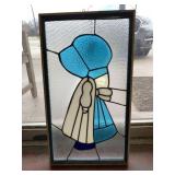 FRAMED SUN BONNET SUE STAIN GLASS ART; 12" X 22"