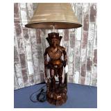 VINTAGE LAMP WITH NATIVE WOOD CARVED FIGURINE