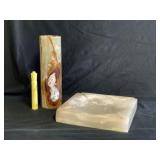 (2 PCS) GREEN ONYX VASE & CREAM ONXY ASHTRAY
