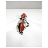 Sterling Silver & Red Coral Navajo Ring Size 5 3/4