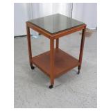 Wooden Rolling Side Table w/ Glass Top