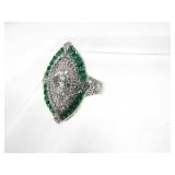 Sterling White Sapphire & Emerald Deco Ring Size 7