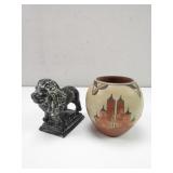 Cast Iron Lion & Pottery Vase
