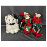 (3) White Cat Plush & Holiday Elf Figures