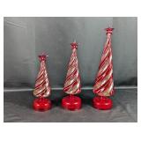 (3)Red Swirled Glass Christmas Trees