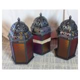 (3) Multicolored Glass and Metal Lanterns