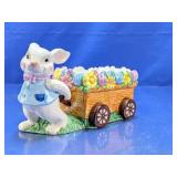 (1) Ceramic Bunny with Flower Cart Figurine