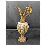 (1) Antique Ornate Brass and Ceramic Ewer