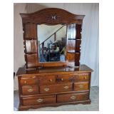 (1) Wooden Dresser with Mirror and Shelving