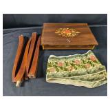 (1) Vintage Wood Sewing Box with Floral Tapestry
