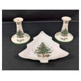 (3) Spode Christmas Tree Dish & Candle Holders