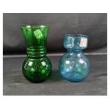 (2) Vintage Hand-Blown Glass Vases ï¿½ Green & Blue
