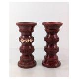 (2) Hand-Carved Wooden Candle Holders ï¿½ Rustic Red