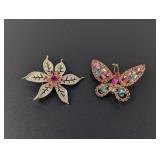 (2) Rhinestone Brooches ï¿½ Flower & Butterfly