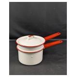 (2) Vintage Enamel Sauce Pans with Lid Red & White