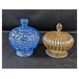 (2) Vintage Lidded Candy Dishes Blue & Amber Glass