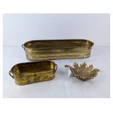 (3) Vintage Brass Planters & Leaf Dish