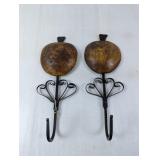 (2) Rustic Apple Wall Hooks Wood & Wrought Iron