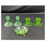 (5) Vintage Green Glass Candle Holders