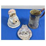 (3)Cat Figurine, Cat Dish & Glazed Ceramic Mug Lot