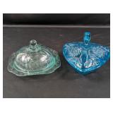 (2) Vintage Blue Glass Covered Dishes