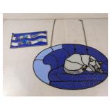 (2) Stained Glass Hanging Panels - Cat & Waves