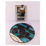 (2) Stained Glass Hanging Panels - Cat & Waves