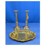 (3) Brass Candlesticks and Ornate Tray